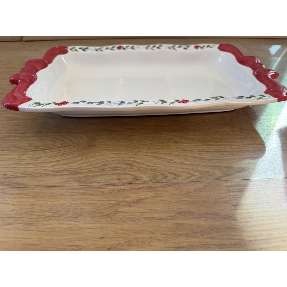 Pfaltzgraff Winterberry Serve Platter w/ Red Bow Handles 109-470-00